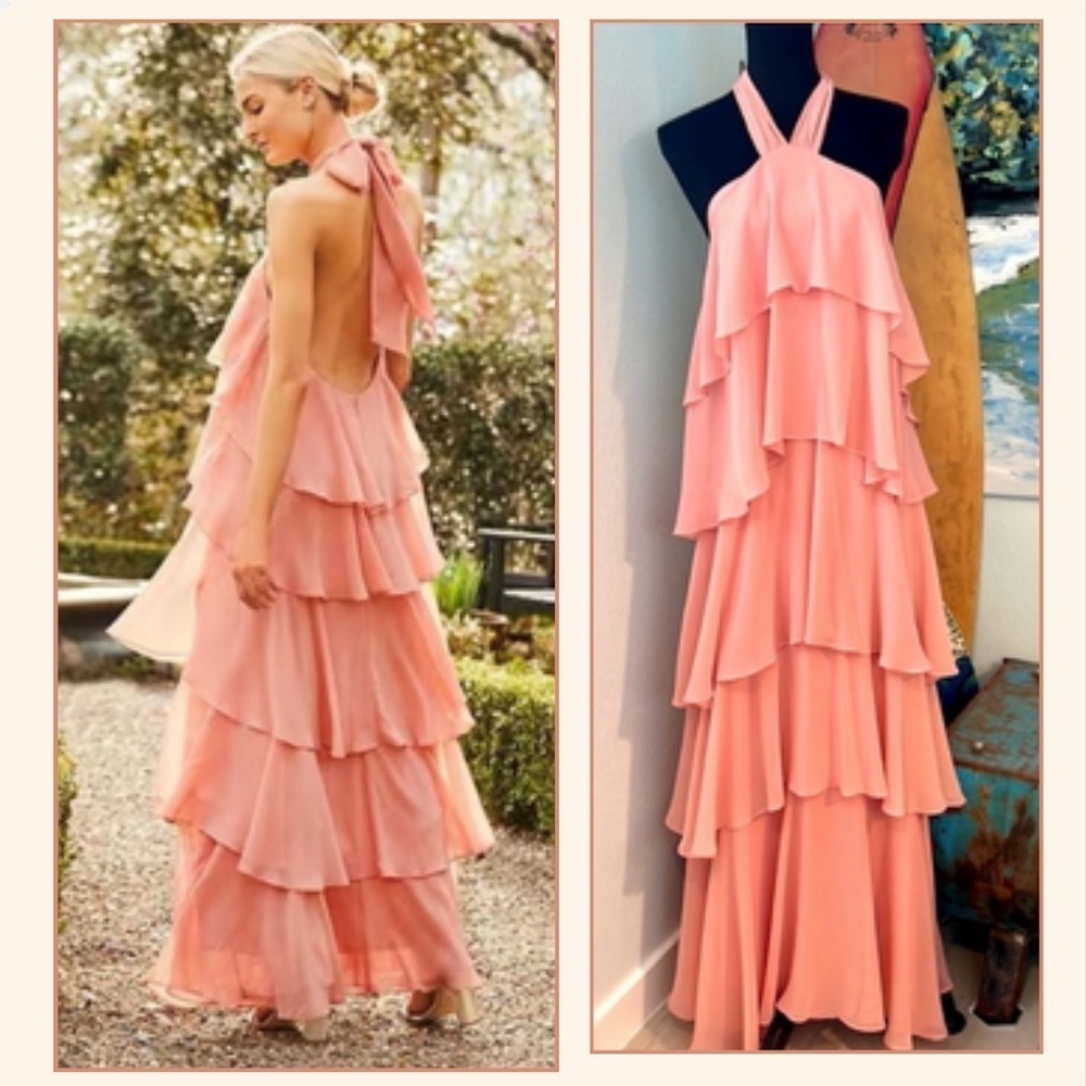 NWT, Antonio Melani,Mariela, Soft Chiffon Tiers Open-Back,Halter Neckline,Size 6